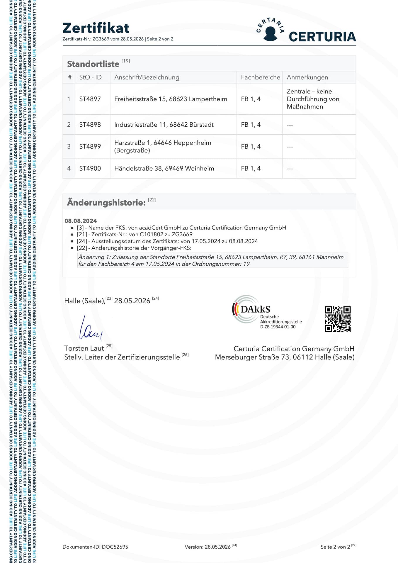 Anlage zum aktuellen Trägerzertifikat